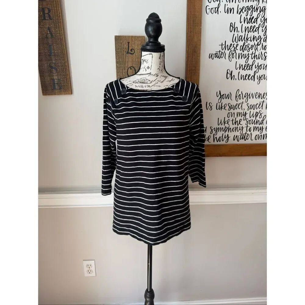 Chico's Women's Striped 3/4 Sleeves Button Accent Tunic Top Black White - Chico’